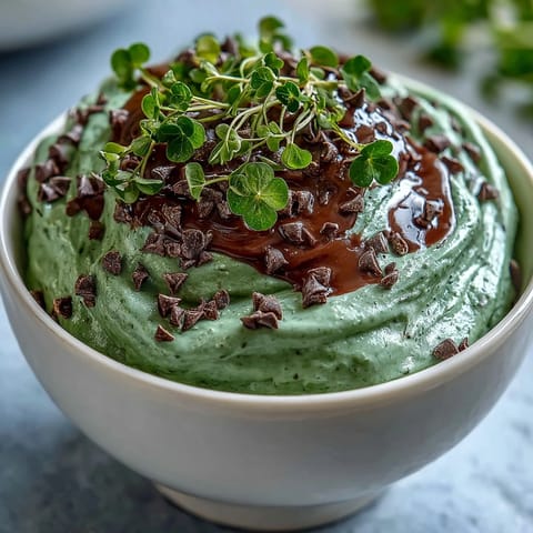 Festive St. Patrick's Day Mint Chocolate Chip Dip with creamy green swirls and chocolate chips.