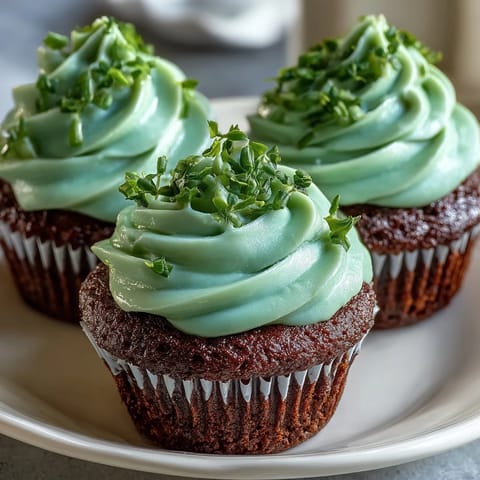 Green velvet cupcakes with cream cheese frosting, bright and festive for St. Patricks Day celebrations.