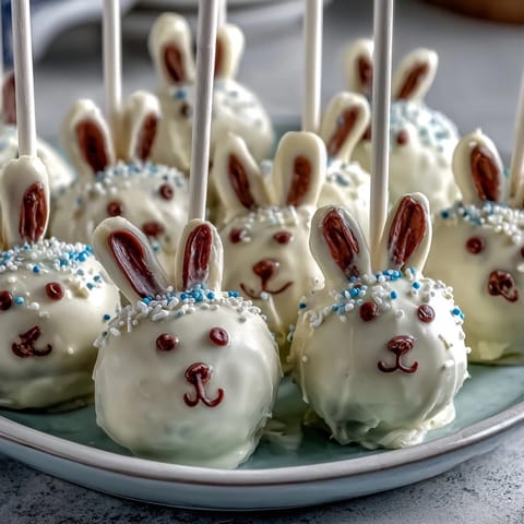 Cute Easter bunny cake pops with white chocolate coating and candy details, perfect for spring parties and festive celebrations.