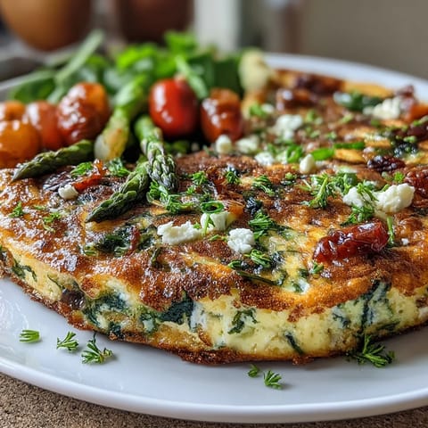 Healthy Easy Spring Veggie Frittata with fresh asparagus, spinach, and feta, baked until golden and fluffy for a protein-packed breakfast.