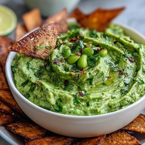 Edamame guacamole with creamy avocado and fresh cilantro served with crispy pita chips for dipping.  
