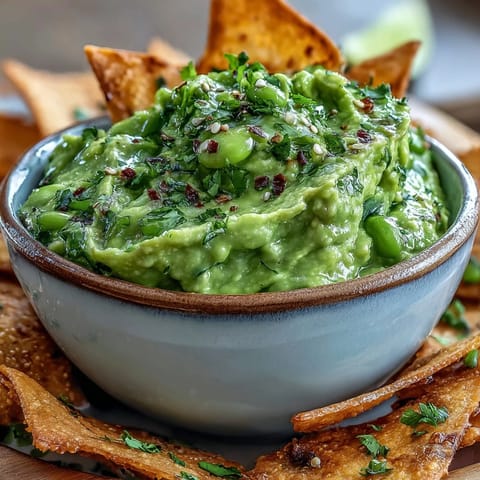 Bright green edamame guacamole with zesty lime and jalapeño, paired with golden baked pita chips for a healthy snack.  