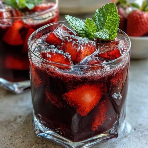 A vibrant, refreshing glass of homemade Starbucks Strawberry Açaí Refresher with fresh strawberries and ice.