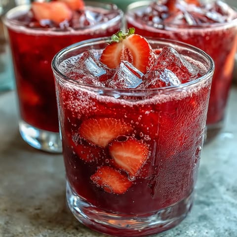 A vibrant pink drink with fresh strawberry slices and açaí swirls in creamy coconut milk, served over ice.