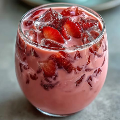 Two tall glasses filled with a refreshing pink drink, featuring juicy strawberries and açaí blended with smooth coconut milk.