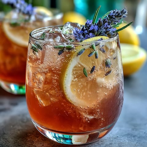 A sparkling lavender lemonade cocktail with fresh lemon slices and vibrant lavender sprigs in chilled glasses.