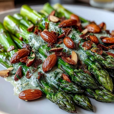 Bright asparagus spears sautéed in lemon butter and topped with golden toasted almonds, a vibrant spring side dish.