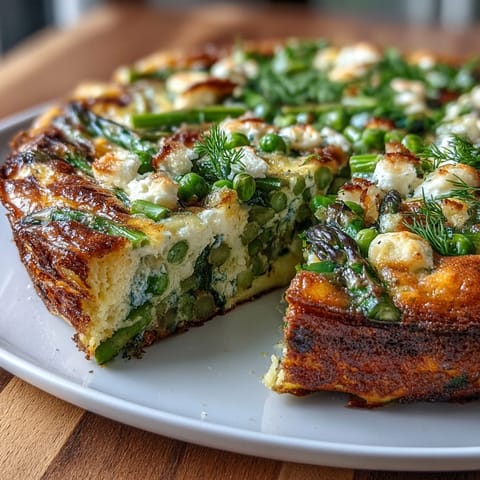 Spring Frittata with Asparagus, Peas and Goat Cheese, golden and fluffy, baked with vibrant vegetables and creamy cheese.