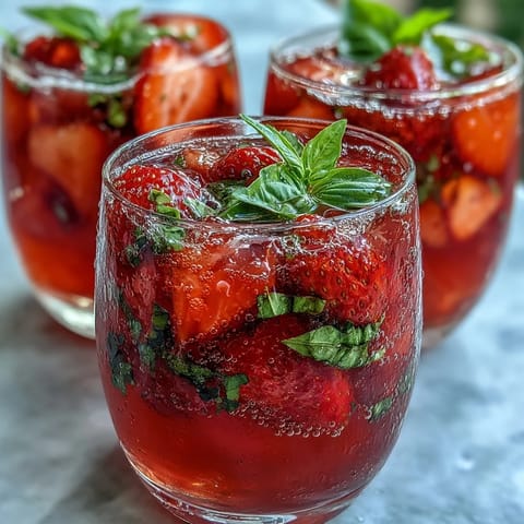 A vibrant pitcher of strawberry basil sangria mocktail with citrus slices and fresh basil leaves.