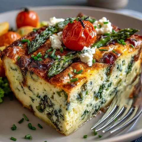 A vibrant sheet pan Easter frittata filled with asparagus, bell peppers, and feta cheese, baked to golden perfection.  