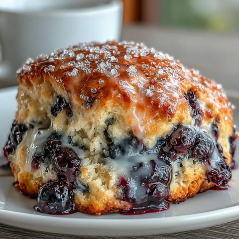 Golden lemon blueberry scones with a shiny citrus glaze, fresh berries peeking through tender, buttery layers on a rustic wooden board.