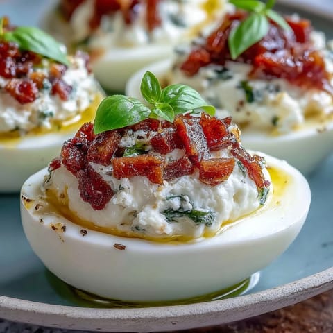 Caprese Deviled Eggs topped with diced tomatoes and mozzarella, drizzled with basil oil.