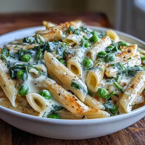 Creamy One-Pot Lemon Ricotta Pasta with vibrant peas and wilted spinach.