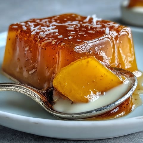 Delicious mango agar-agar jelly cubes layered with creamy coconut milk.