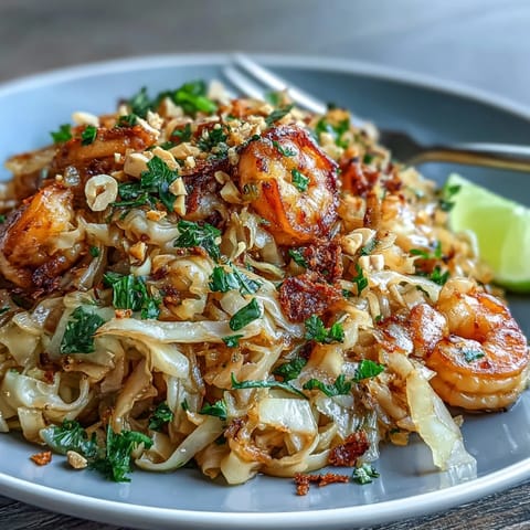 A colorful bowl of Cabbage Pad Thai with shredded cabbage, red bell pepper, and crunchy peanuts, garnished with fresh cilantro and lime wedges.