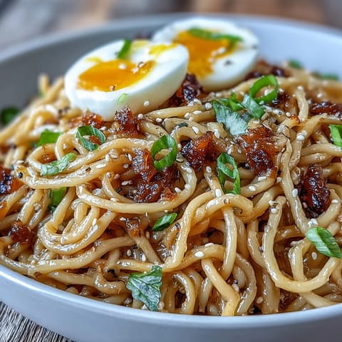 A steaming bowl of viral garlic butter ramen topped with soft-boiled eggs and green onions, rich sauce glistening over chewy noodles.