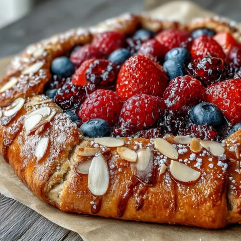 Golden Summer Berry Galette with almond crust, showcasing juicy berries and crisp pastry.