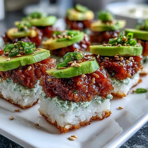 Viral Spicy Tuna Crispy Rice Bites appetizer, vibrant with red tuna and green avocado.