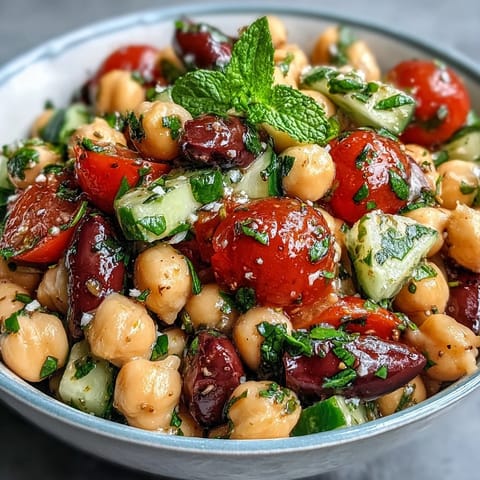 Mediterranean Chickpea Salad bursting with colorful veggies and bright lemon flavor.
