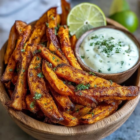 Golden air fryer sweet potato fries with creamy chipotle aioli for dipping.