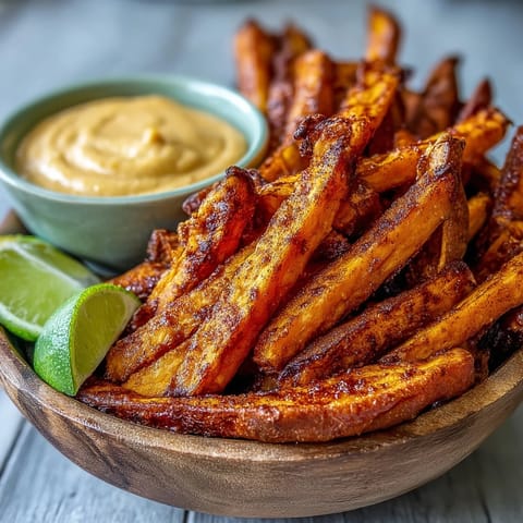 Crispy, seasoned sweet potato fries in air fryer, perfect with smoky aioli.