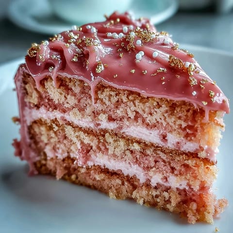 Elegant pink velvet cake, lightly kissed with rosé, topped with creamy frosting and gold.