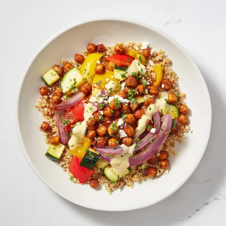 Mediterranean Chickpea and Veggie Grain Bowl: Vibrant and delicious, featuring a creamy lemon-tahini dressing and fresh parsley.