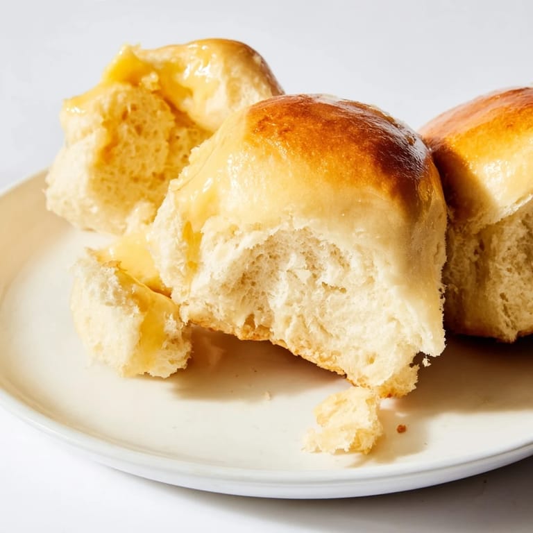 Homemade quick-rise dinner rolls, pillowy and golden, brushed with melted butter and served.