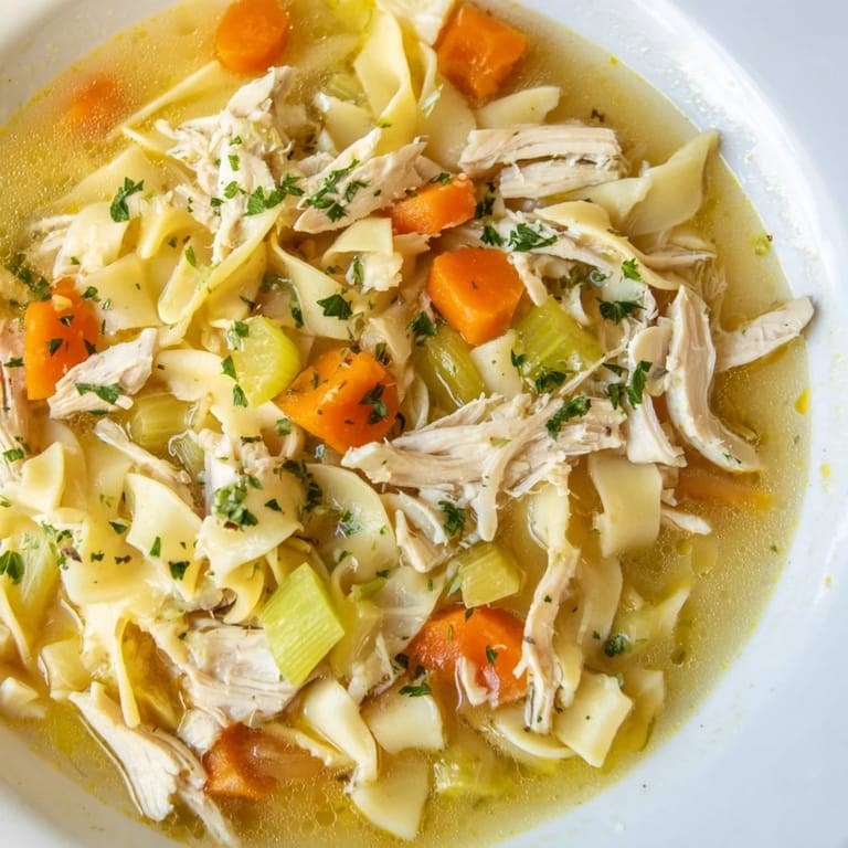 A large bowl of homemade Cozy Chicken Noodle Soup with fresh parsley garnish, a hearty winter meal.
