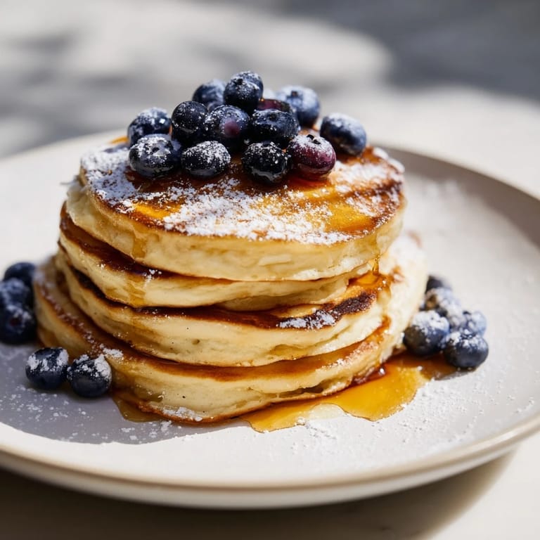 Delicious, homemade Light and Fluffy Ricotta Pancakes, a breakfast delight served with fresh berries.