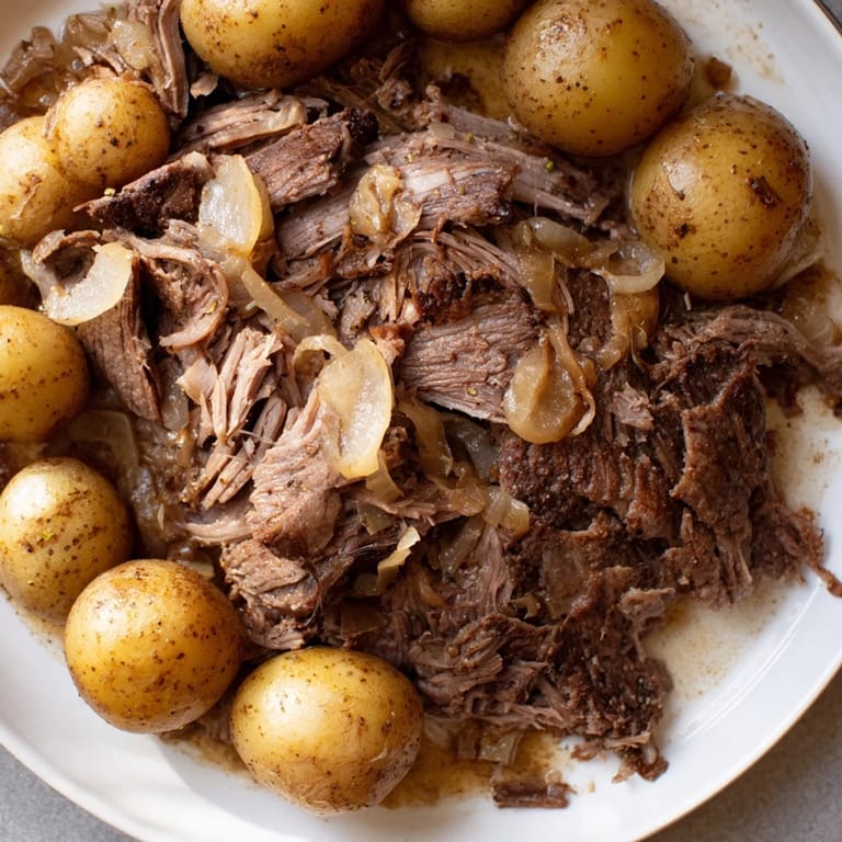 Fork-tender Simple 4-Ingredient Slow Cooker Pot Roast, seasoned with onion soup mix, ready to serve.