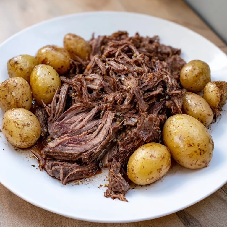A close-up of the flavorful Simple 4-Ingredient Slow Cooker Pot Roast, perfect comfort food for dinner.