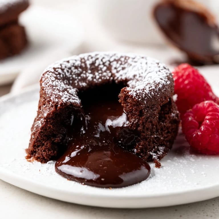 A plate of individual, delicious Mini Chocolate Lava Cakes, dusted with powdered sugar and fresh berries.