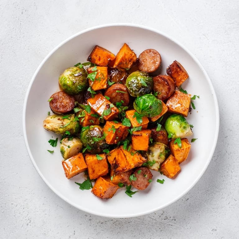Tender sheet pan sausage, sweet potato, and Brussels sprouts nestled together, aromatic from roasting spices.