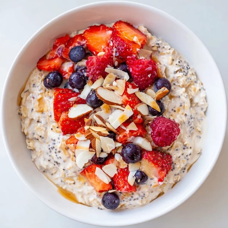 A close-up of a jar filled with overnight oats, bursting with colorful berries and chia seeds.