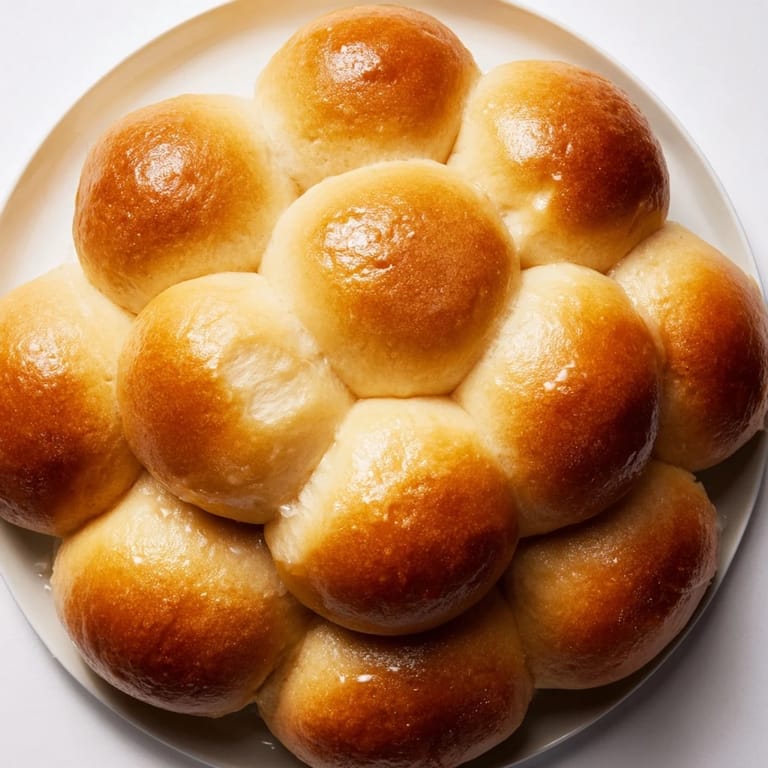 Close-up of golden Homemade Dinner Rolls, showing a tender interior perfect with savory meals.