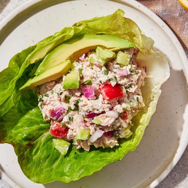 Close-up of bright tuna salad wrapped in crisp lettuce leaves: a delicious and easy Quick & Healthy Tuna Salad.