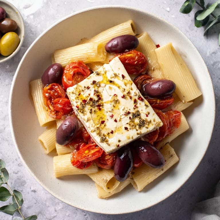 A delicious pan of baked feta pasta, with bubbling tomatoes and a rich, cheesy sauce.