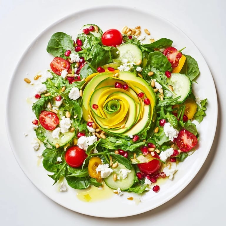 Freshly plated Golden Ratio Salad, showcasing a spiral of greens with feta and pine nuts ready to enjoy.