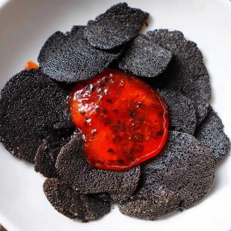 Vibrant image of The Volcanic Flow appetizer: a ring of black crackers encircling a glistening, red-hot jelly center.