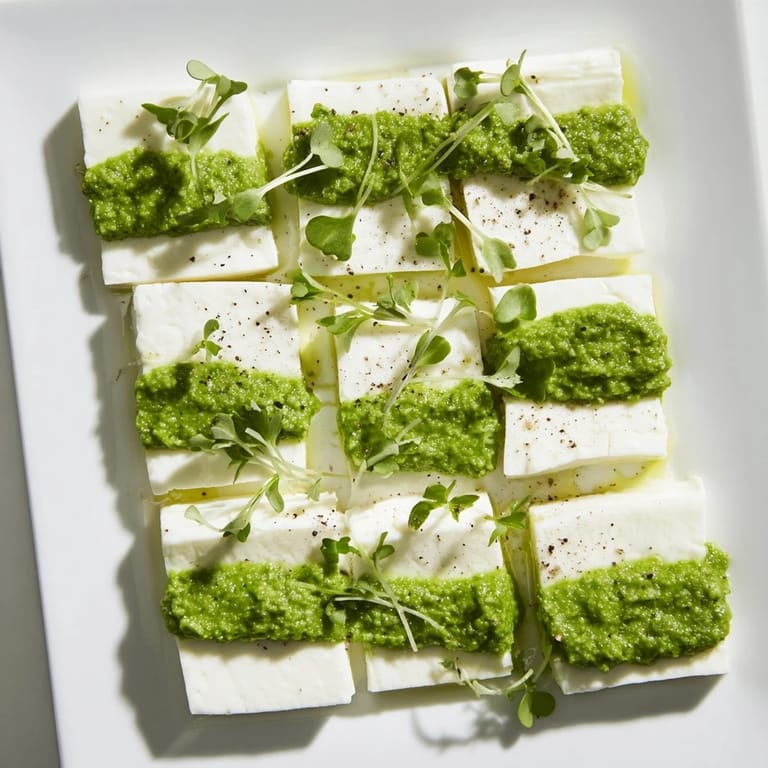 Vibrant green herb squares border creamy white cheese in this elegant Checkerboard Garden presentation.