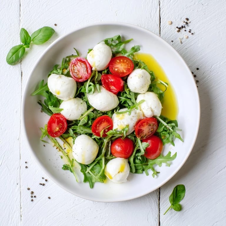 A beautiful Pearly Strand salad showcasing a strand of mozzarella, colorful tomatoes, and fresh basil leaves.