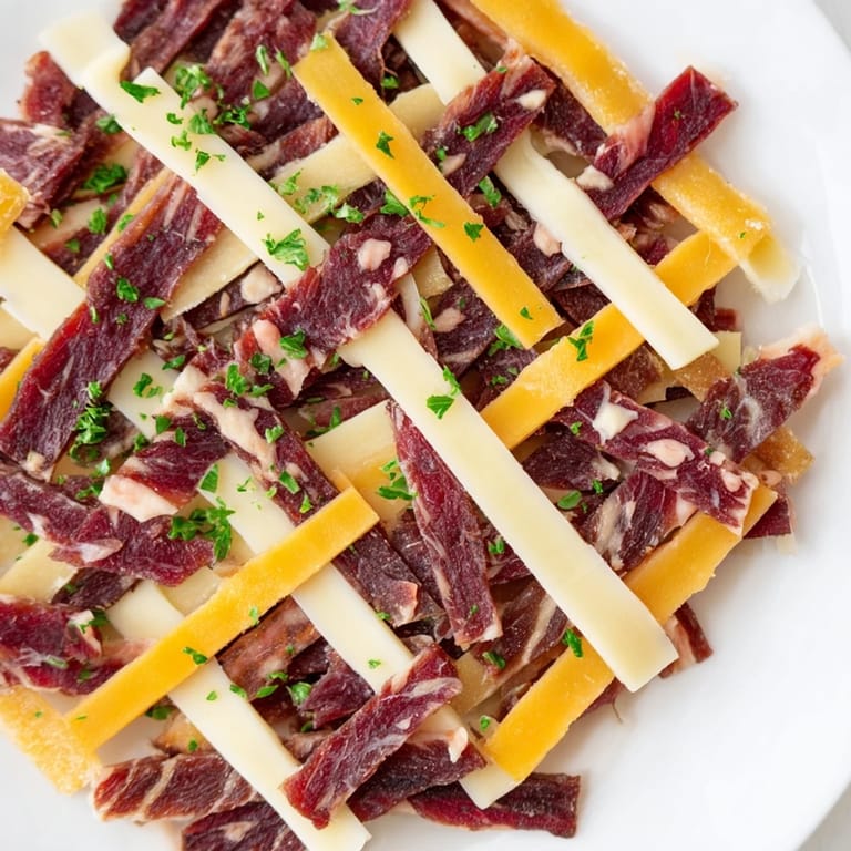 Delicious The Tartan Plaid: savory jerky and cheese layers artfully arranged on a serving platter.