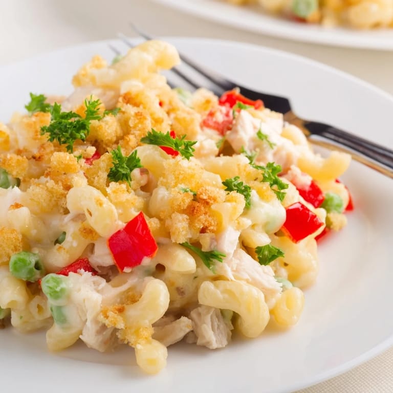 Creamy Chicken Macaroni Southern Style with cheese topping, showing a delicious blend of textures and colors.