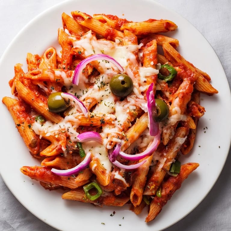 Enjoy this easy, cheesy one-pot pizza pasta with a medley of colorful pizza ingredients.