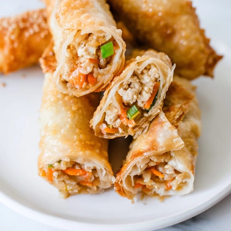 Close-up of air fryer chicken lumpia bites—savory, bite-sized bundles with a perfectly golden crust.