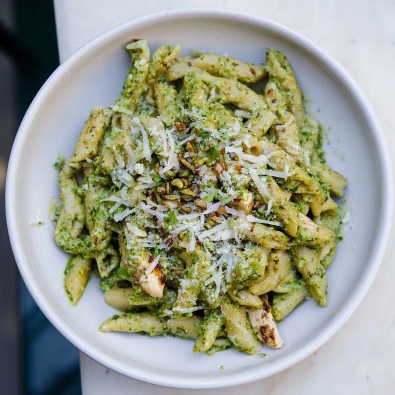 Creamy 10-Minute Pesto Pasta with Chicken, featuring rotisserie chicken, a weeknight dinner favorite.
