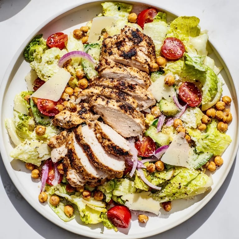 A colorful Chicken Caesar Pasta-less Bowl with grilled chicken and crunchy toppings, ready to enjoy.