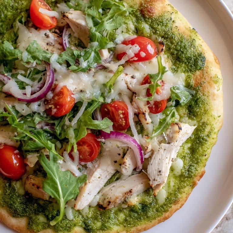 A close-up of delicious Pesto Chicken Flatbread features tender chicken and fresh basil, inviting you to enjoy.