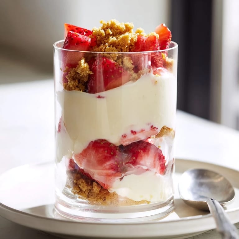 A close-up shot of a layered Strawberry Cheesecake Parfait, showcasing the textures and creamy deliciousness.